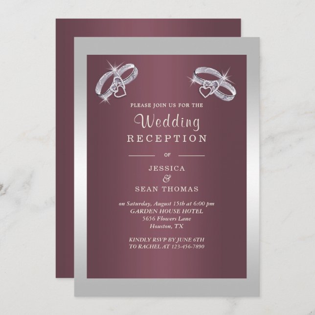 Convite Anéis de prata cintilante e Recepção de casamento  (Frente/Verso)