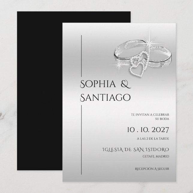Convite Anéis Decorativos Românticos Casamento Espanhol (Frente/Verso)