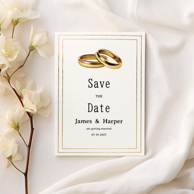 Convite Anéis simples e elegantes de branco e dourado Save (Simple elegant white and gold rings Save the Date )