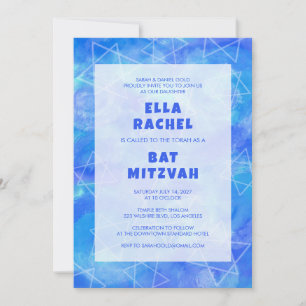 Convite Anel de Aquarela Estrelas Bar Azul Bat Mitzvah