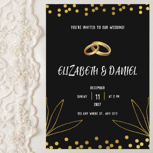 Convite Anel de Casamento Dourado e Negro Elegante