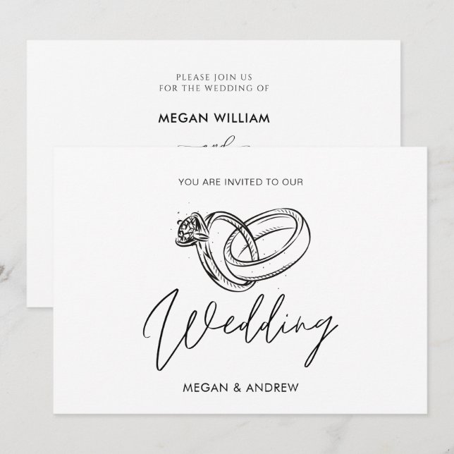 Convite Anel de casamento moderno preto e branco (Frente/Verso)