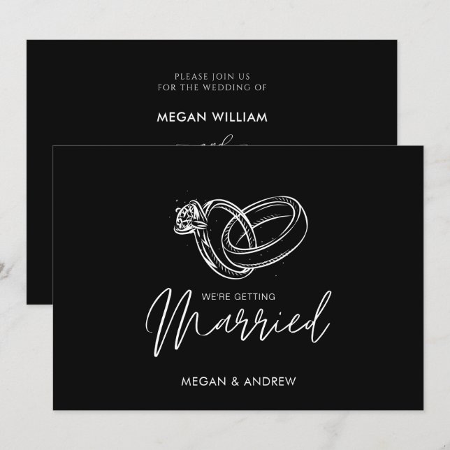 Convite Anel de casamento moderno preto e branco (Frente/Verso)