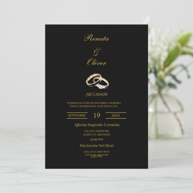 Convite Anel de casamento tema preto Casamento Espanhol (Em pé/Frente)