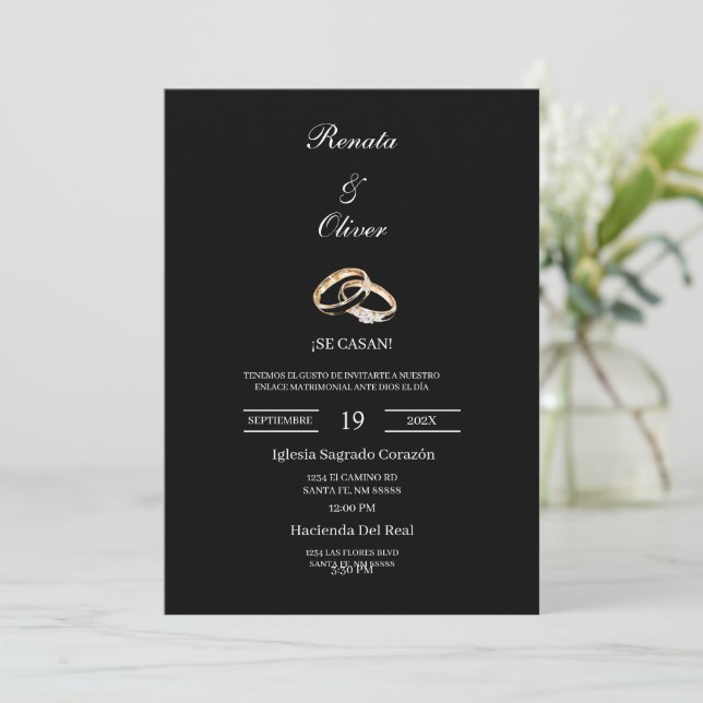 Convite Anel de casamento tema preto Casamento Espanhol (Em pé/Frente)