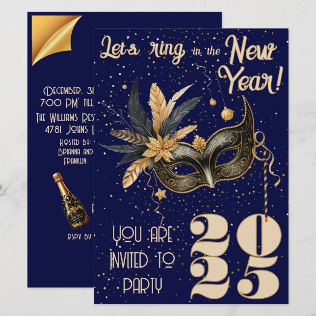 Convite Anel de vamos na festa de Ano Novo Azul Glamoroso (Frente/Verso)