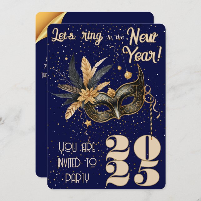 Convite Anel de vamos na festa de Ano Novo Azul Glamoroso (Frente/Verso)