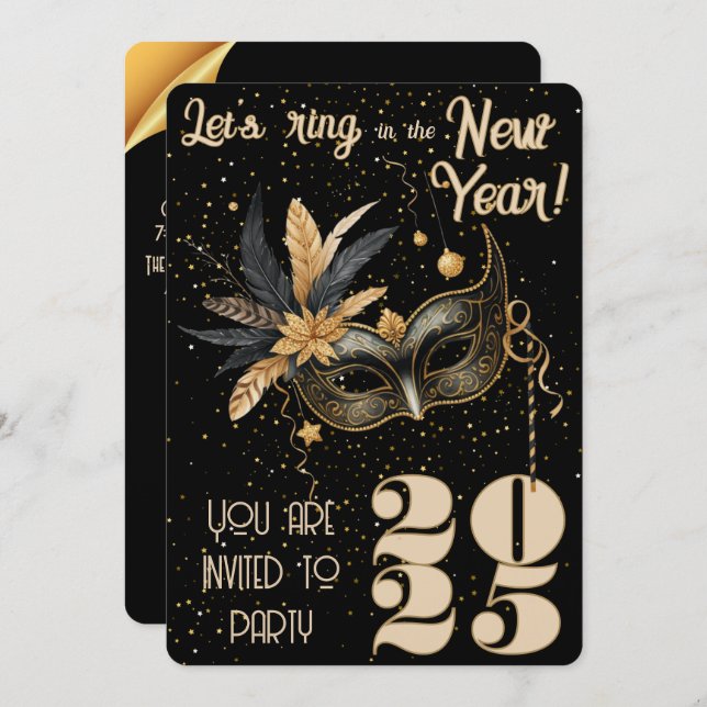 Convite Anel de vamos na festa de Ano Novo Preto Glamoroso (Frente/Verso)