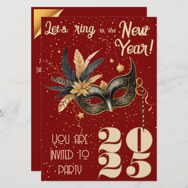 Convite Anel de vamos na festa de Ano Novo Vermelho Glamor (Frente/Verso)