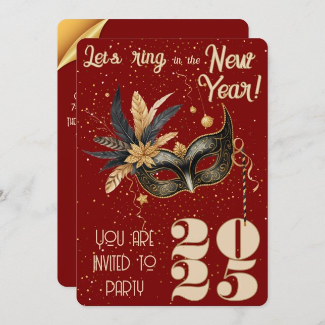 Convite Anel de vamos na festa de Ano Novo Vermelho Glamor (Frente/Verso)