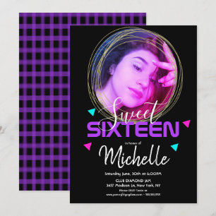 Convite Anel Dourado Neon Sweet Sixteen Confete Grade de F