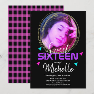 Convite Anel Dourado Neon Sweet Sixteen Grade Foto Confete