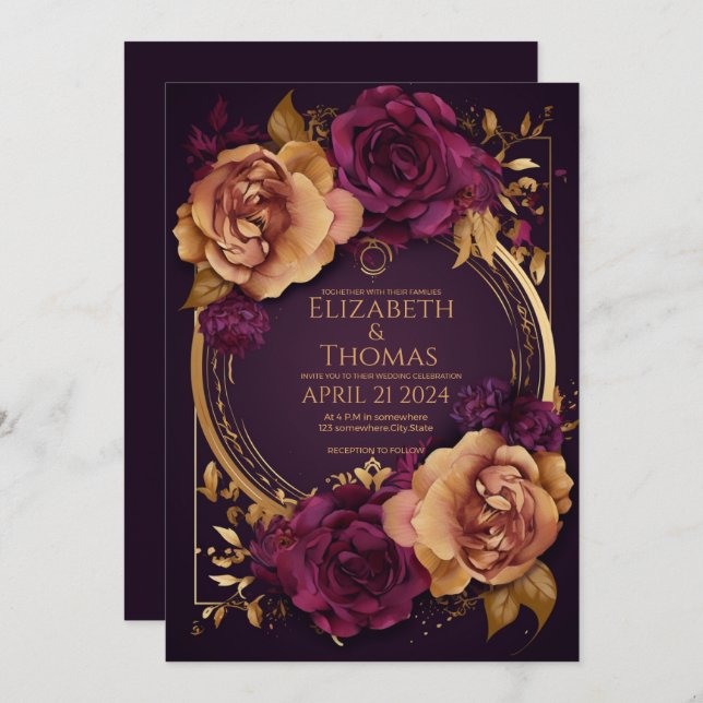 Convite Anel ouro com Rosa Roxo Escuro e Açúcar Marrom (Frente/Verso)