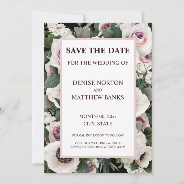 Convite Anêmona Branca em Preto Verdadeiro Salve A Data In (Verso)