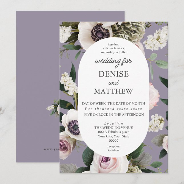 Convite Anêmona Branca na Casamento de Cinzas Lavandas (Frente/Verso)