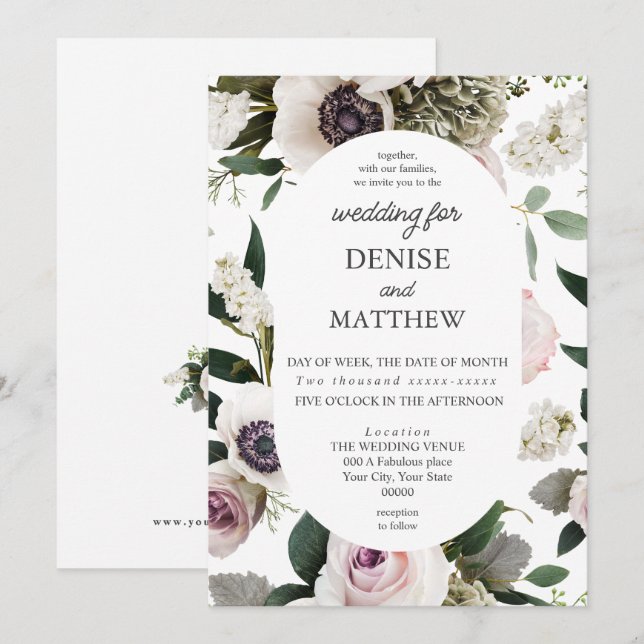 Convite Anêmona Branca no Casamento Branco Brilhante (Frente/Verso)