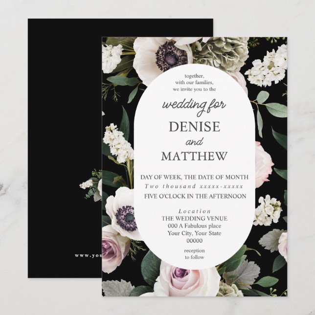 Convite Anêmona Branca no Casamento Negro Verdadeiro (Frente/Verso)