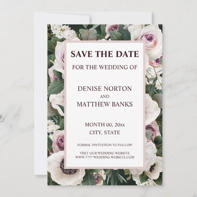 Convite Anêmona Branca no Emerald Green Salvar a Data (Verso)