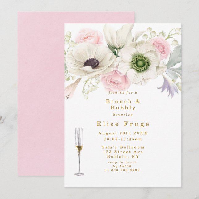 Convite Anêmona Dourada, Rosa, Esbranquiçada, Brunch e Bor (Frente/Verso)