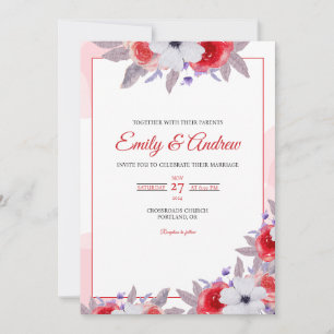 Convite Anêmona Elegante Rosa Vermelha Aquarela Casamento