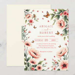 Convite Anêmona rosa, borboletas floral borda casamento