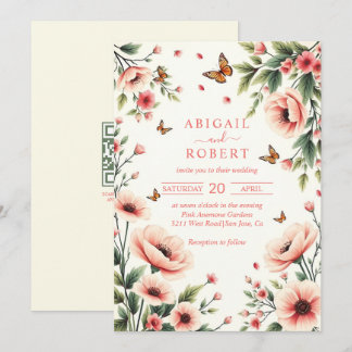 Convite Anêmona rosa, borboletas floral borda casamento