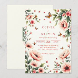 Convite Anêmona rosa, borboletas floral borda casamento