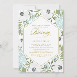 Convite Anêmonas brancas Azul Floral Bebê Bênção