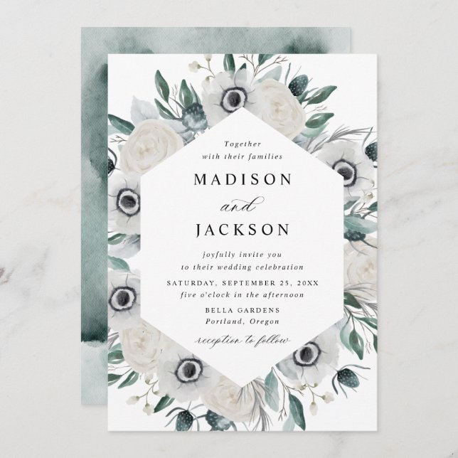Convite Anêmonas brancas e Rosas Casamento Floral (Frente/Verso)