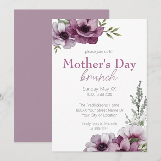 Convite Anêmonas e Respiro de Bebê Brunch do Dia das Mães (Frente/Verso)