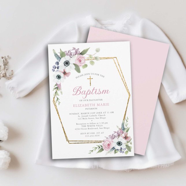 Convite Anemone Dourada Geométrico Menina Elegante Floral  (girl baby baptism invitation christening elegant geometric gold frame floral anemones simple classy)