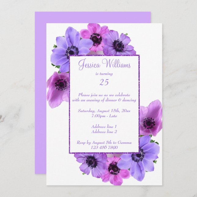 Convite Anemones bonito Floral 25 Birthday (Frente/Verso)