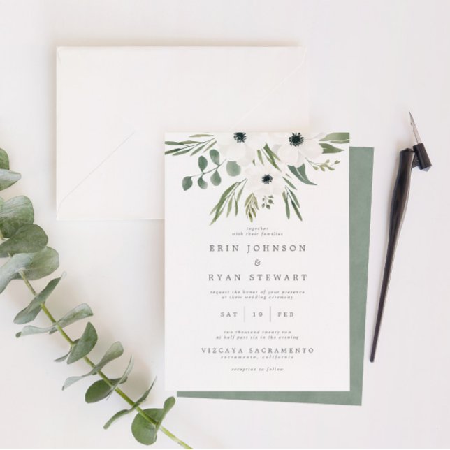 Convite Anemones Sage & Dusty Green Eucalyptus Wedding Inv (Criador carregado)