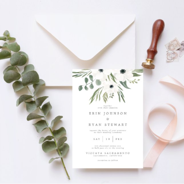 Convite Anemones Sage & Dusty Green Eucalyptus Wedding Inv (Criador carregado)