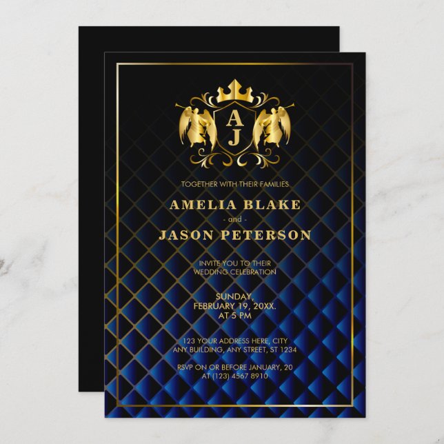 Convite Angel Crest | Casamento Dourado de Luxo Azul Azul (Frente/Verso)