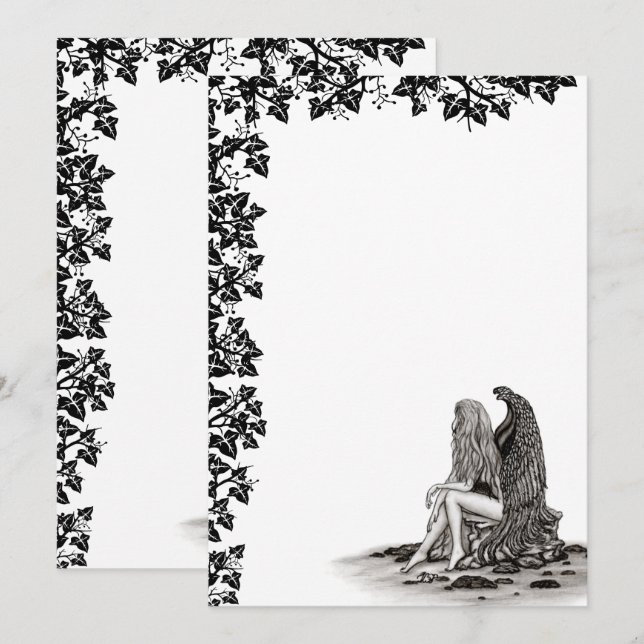 Convite Angel, perdido no pensamento, Design preto e branc (Frente/Verso)