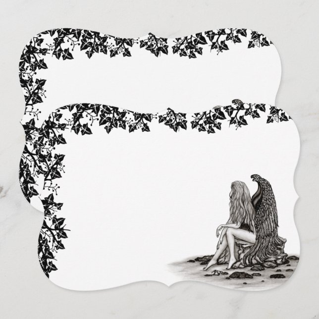 Convite Angel, perdido no pensamento, Design preto e branc (Frente/Verso)