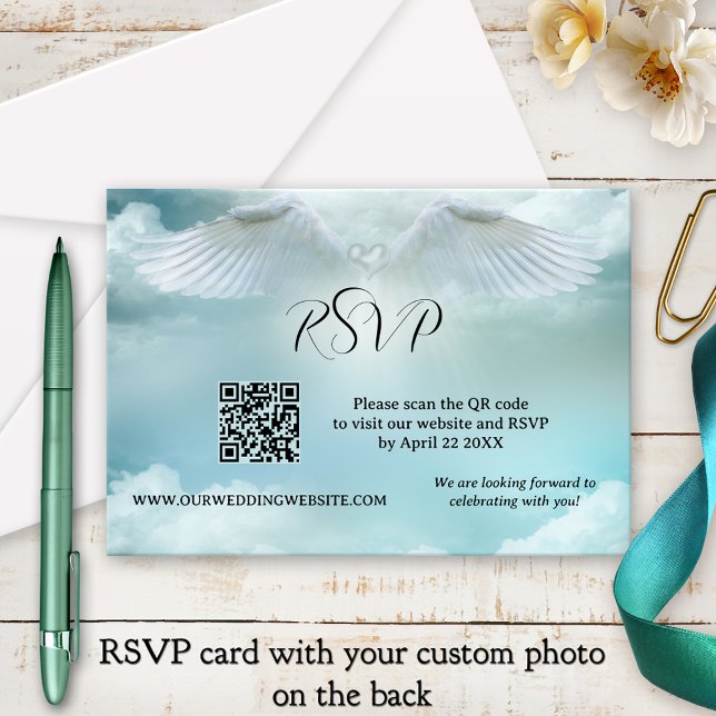 Convite Angel Wings Dream Cloud QR Code Weding RSVP Card (RSVP card featuring angel wings on a dreamy cloud - with QR code template and custom photo)