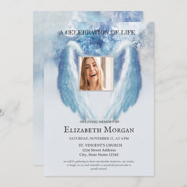 Convite Angel Wings Foto Azul Celebração Da Vida (Frente/Verso)