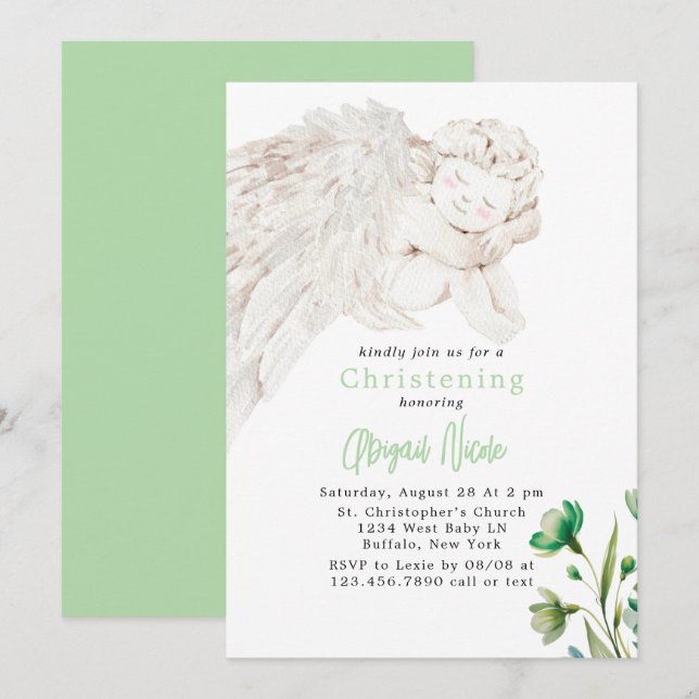 Convite Angel with Wings Green Floral Baptism  (Frente/Verso)