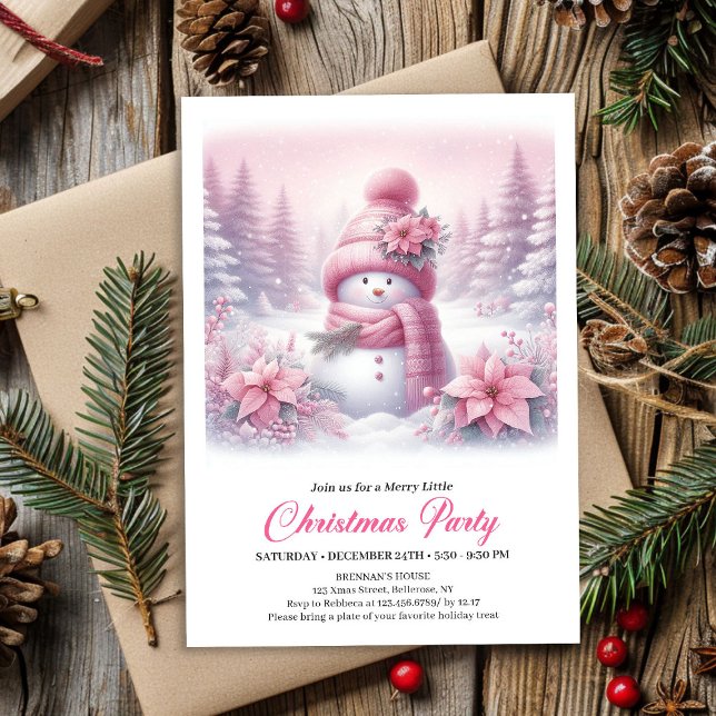 Convite Angelic Pink Snowman Digital Christmas Invitation (Angelic Pink Snowman Digital Christmas Invite for Children)