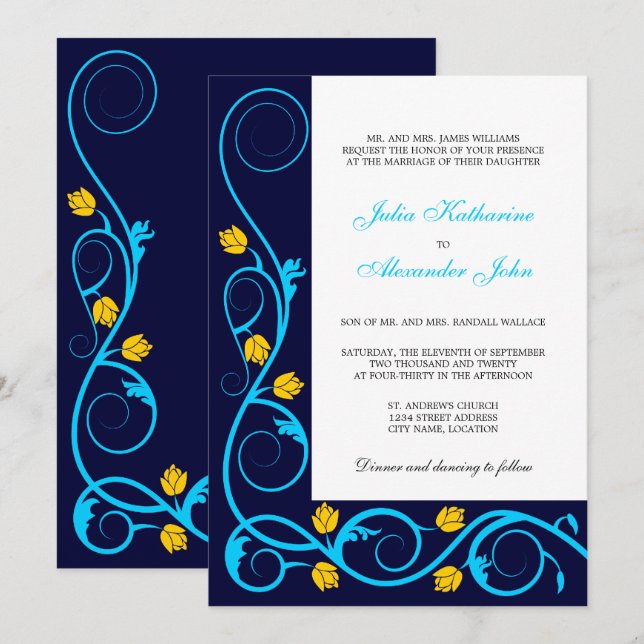 Convite Anilhas Elegantes de Azul Aqua e Amarelo (Frente/Verso)