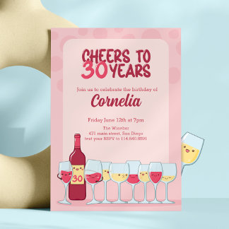 Convite Anima-se a 30 anos de aniversário de vinho kawaii