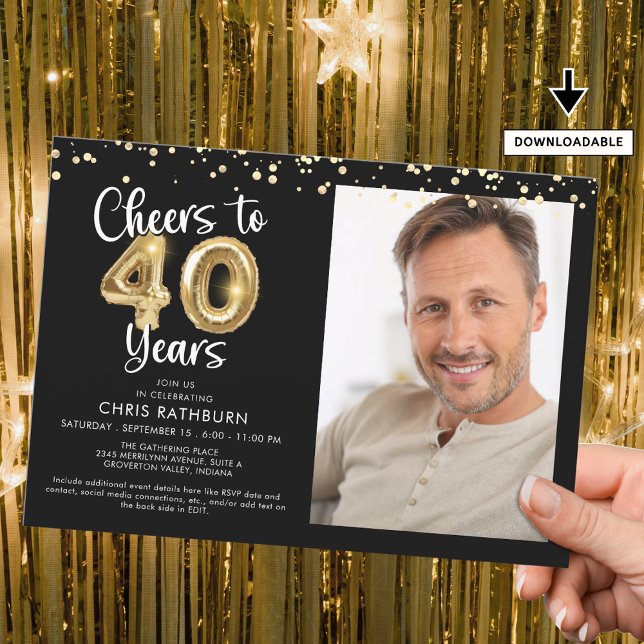 Convite Anima-se a 40 anos Foto-Script Balloon Confetti (Criador carregado)