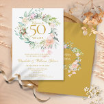 Convite Anima-se a 50 anos de aniversário floral<br><div class="desc">Com uma delicada camada floral de aquarela,  este convite de 50 anos de casamento botânico pode ser personalizado com suas informações especiais de aniversário. O reverso apresenta uma garland floral correspondente que enquadra suas datas de aniversário em texto elegante em um fundo de ouro. Projetado por Thisnotme©</div>