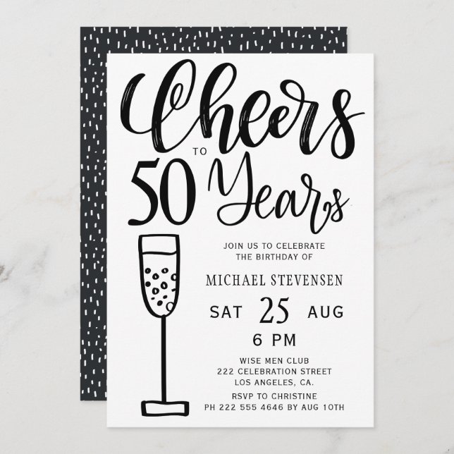 Convite Anima-se a 50 anos de festa de aniversário preto e (Frente/Verso)