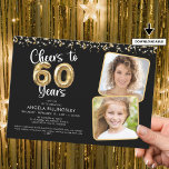 Convite Anima-se a 60 anos 2 Foto-Script Balloon Confetti<br><div class="desc">Celebrar um aniversário de 60 anos com estes convites de festas elegantes e festivos com o título CHEERS TO 60 ANOS com números falsos de balões metálicos de ouro e tipografia moderna da escrita, duas fotos e galerias de ouro e confete na sua escolha de cor de fundo (mostrada a...</div>
