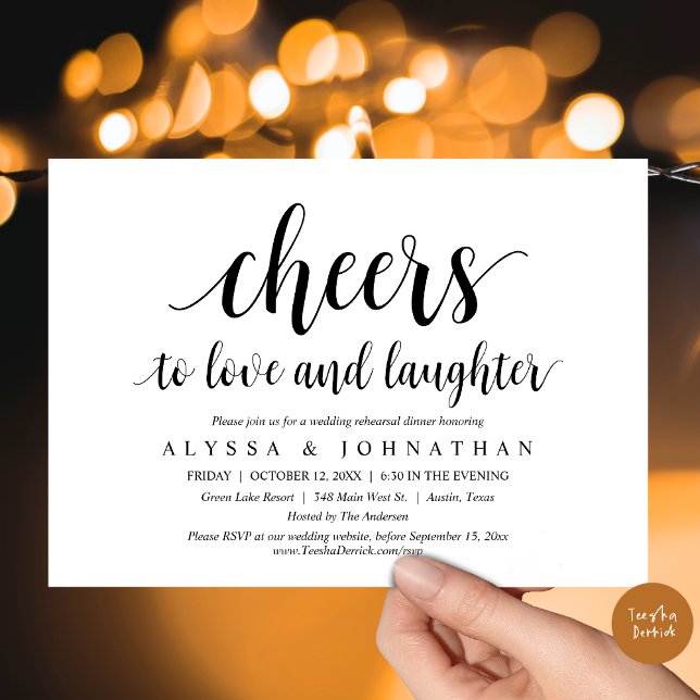 Convite Anima-te a amar e rir, ensaio de casamento (Cheers to love and laughter, Wedding Rehearsal Dinner Invitation Card, PDF, in Black and White)