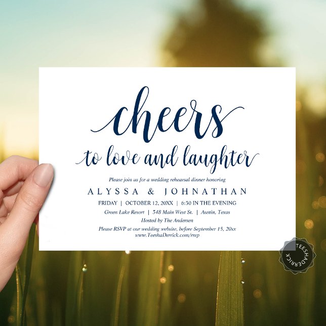 Convite Anima-te a amar e rir, ensaio de casamento (Cheers to love and laughter, Modern Wedding Rehearsal Dinner Invitation Card, PDF, Navy Blue)