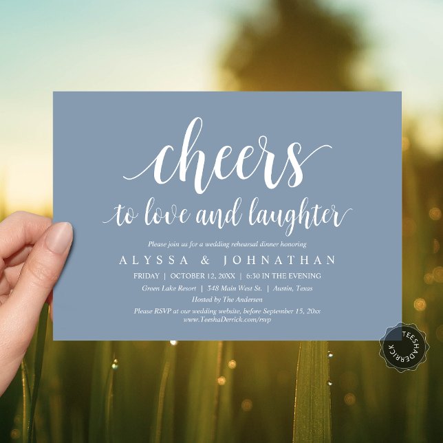 Convite Anima-te a amar e rir, ensaio de casamento (Cheers to love and laughter, Modern Wedding Rehearsal Dinner Invitation Card, PDF, Dusty Blue)